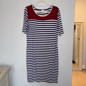 LuLaRoe Womens Julia Dress Size XL Blue Red Stripe Stretch Casual Bodycon